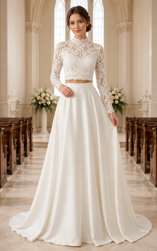 High Neck Long Sleeve Lace Top Satin Chapel Bridal Set