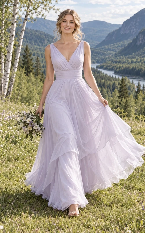 Puderviolettes Brautkleid aus Baumwollvoile mit V-Ausschnitt, asymmetrischem Stufenrock und Schleppe