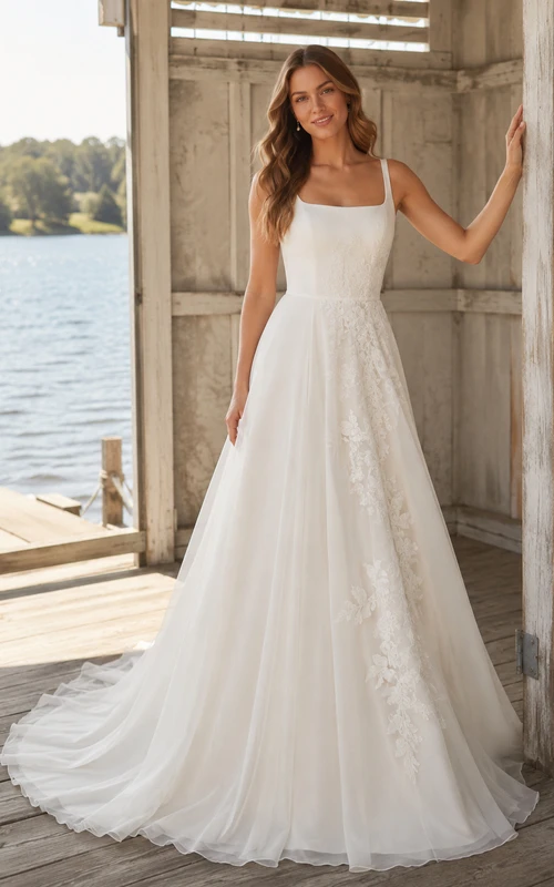 Wedding A-Line Tulle Dress with Square Neck Straps and Lace Skirt