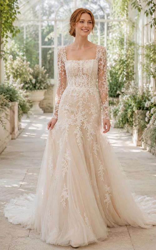 Robe de mariée longue à col en V et manches longues en dentelle, longueur au sol