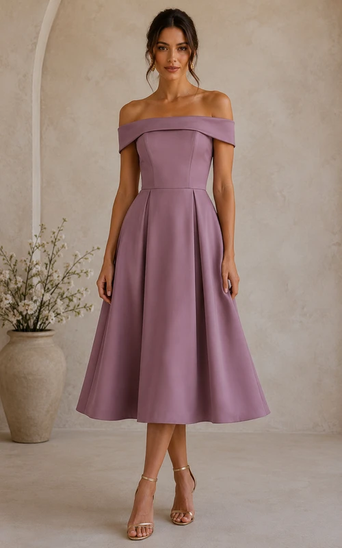 Vestido de dama de honor de satén color malva, largo hasta la rodilla y con hombros descubiertos