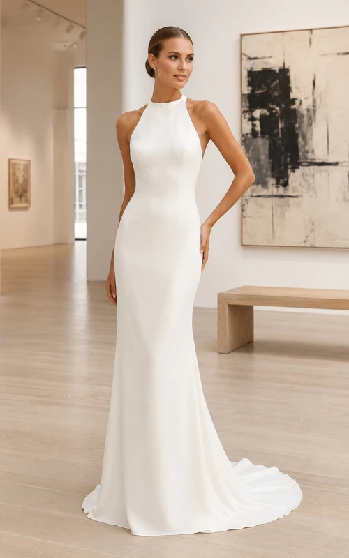 Vestido de novia de crepé ajustado con cuello alto, espalda descubierta y escote halter.