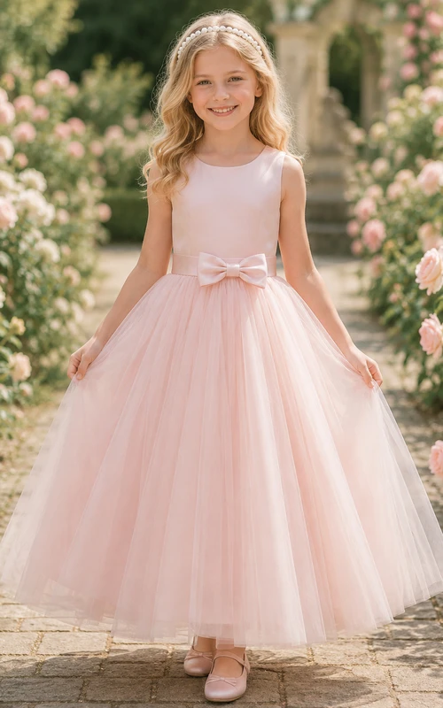 Flower Girl Dress Blush Tulle A-Line Jewel Neck Tea Length Bow Detail