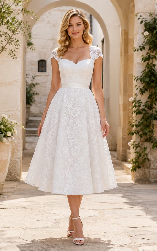 Vestido de novia civil vintage estilo barco con mangas cortas, encaje completo, corte en A, largo hasta la rodilla, para ceremonia en el juzgado.