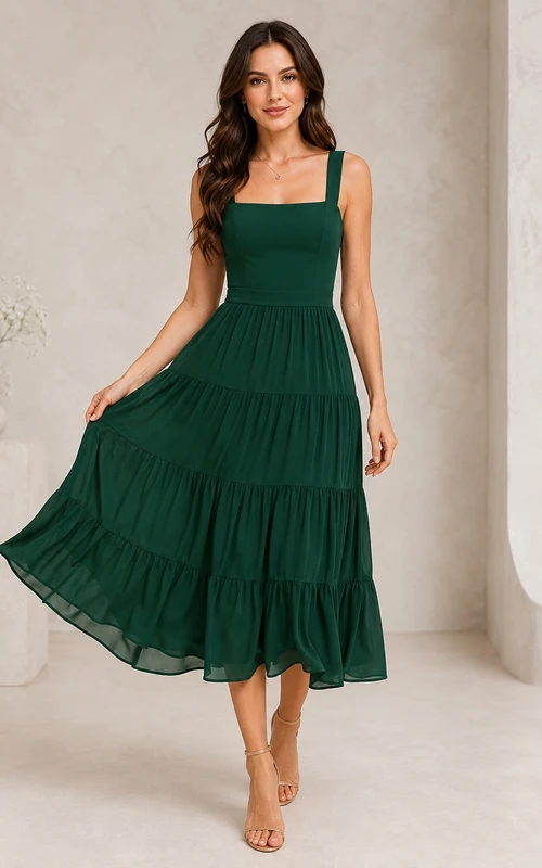 Teelanges, romantisches A-Linien-Kleid mit Spitzenträgern für halbformelle Anlässe