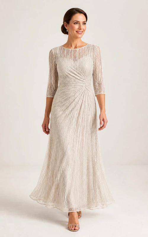 Robe de mariée texturée et sobre pour femmes mûres, coupe trapèze, manches trois-quarts, en dentelle texturée, longueur cheville, col bateau.