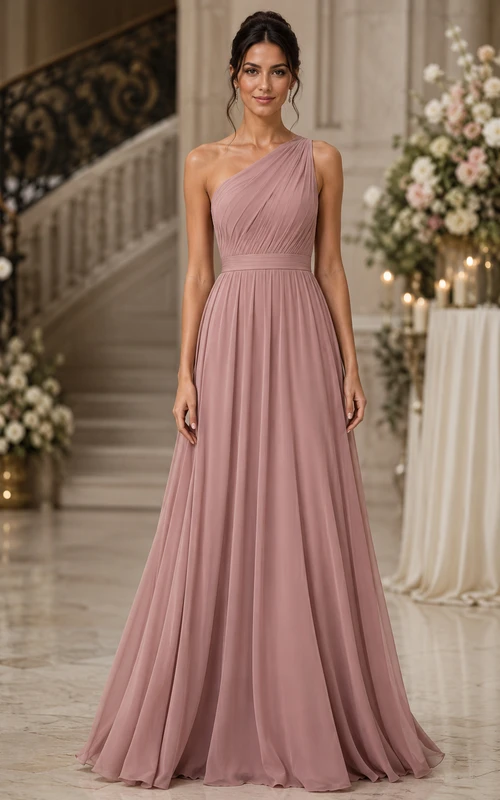 Dusty Rose One-Shoulder A-Line Chiffon Bridesmaid Dress