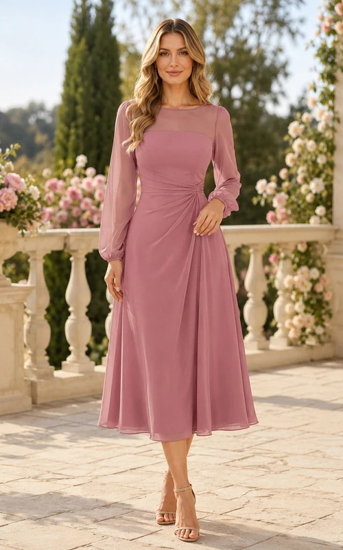 Dusty Rose Long Sleeve Mesh Midi Dress