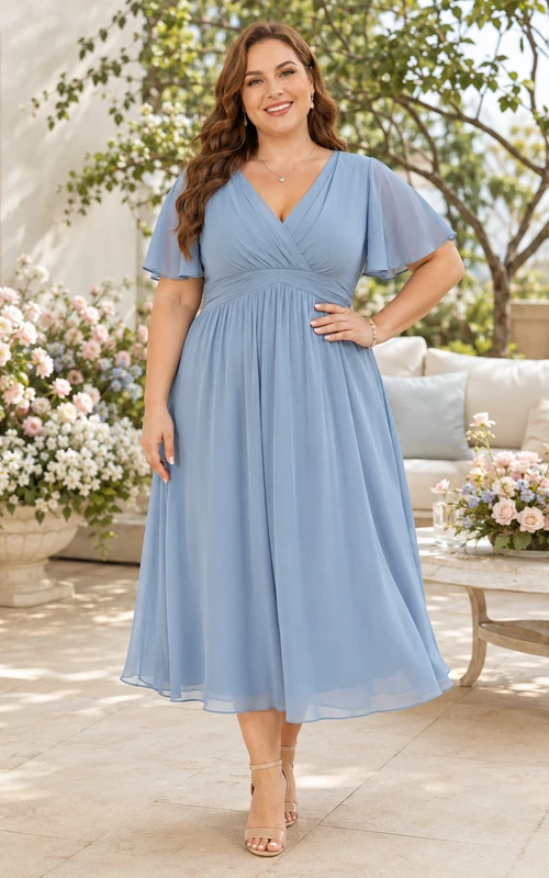 Robe de maternité grande taille bleu acier, col en V, manches papillon, en mousseline, longueur thé