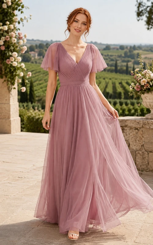 Robe de demoiselle d'honneur longue en mousseline rose poudré, col en V, manches papillon, coupe trapèze, en mousseline, couleur rose poudré