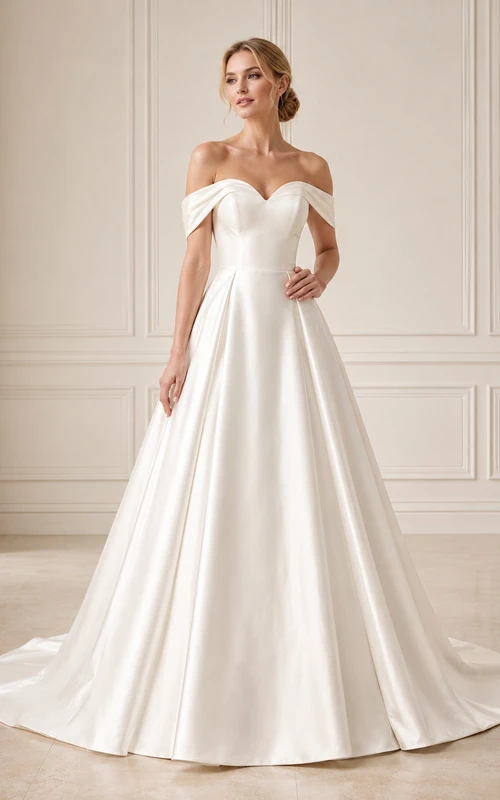 Vestido de novia de satén, corte A, sin hombros, largo hasta el suelo, con escote en V bajo en la espalda.