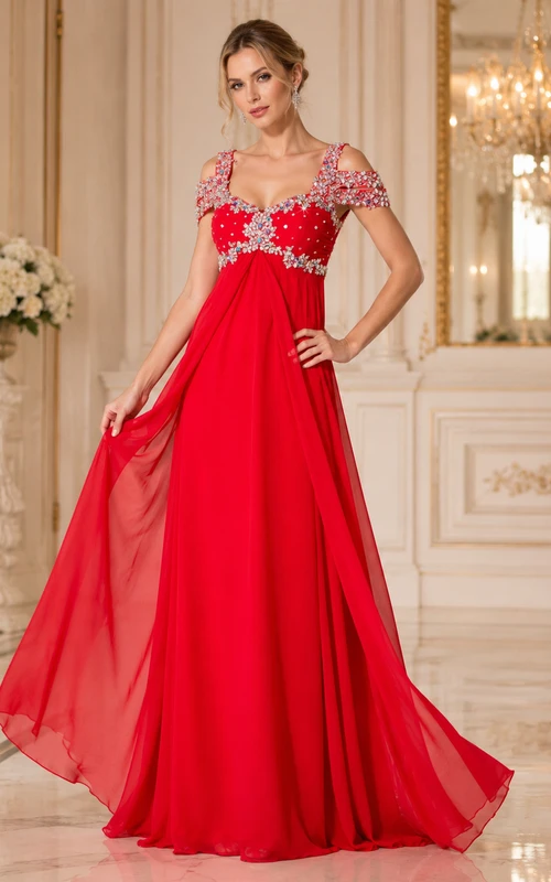 Chiffon Beaded Maxi Dress With Empire Waist