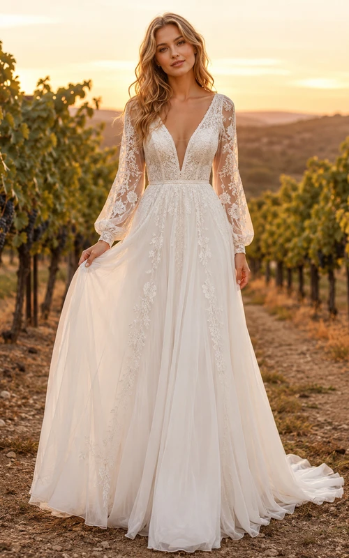 Embroidered Long Sleeve Vineyard A Line Bridal Gown