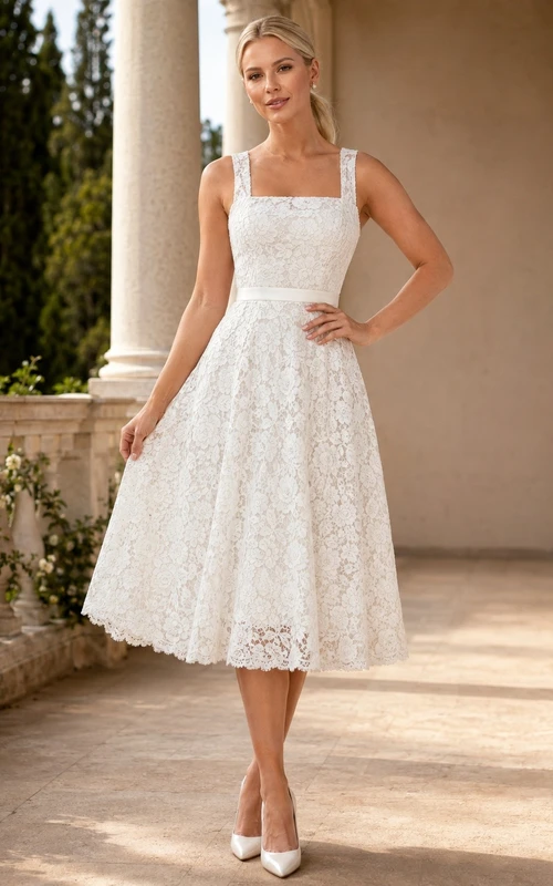 White Lace Square-Neck Sleeveless A-Line Tea-Length Occasion Dress