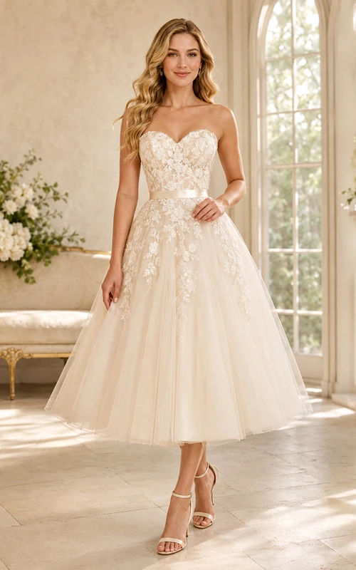 Vestido de novia de corte A, sin tirantes, de encaje y tul, largo hasta la rodilla, color champán.