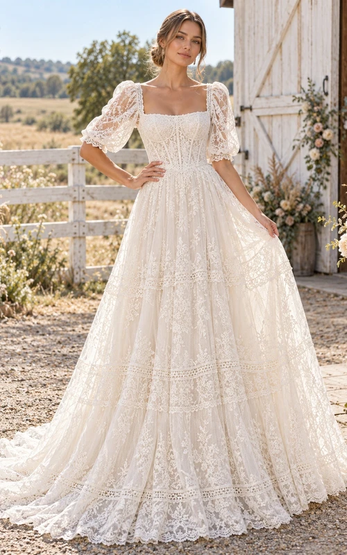 Boho Square Neck Puff Sleeve Panel Lace A-Line Wedding Dress