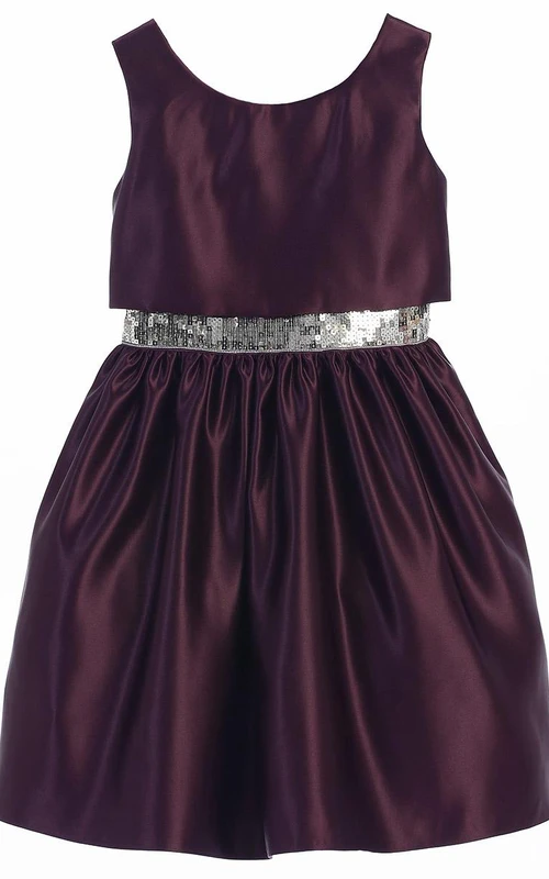 Robe de demoiselle d'honneur sans manches à sequins et satin, longueur thé