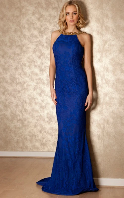 Beaded High Neck Sleeveless Lace Prom Dress With Brush Train