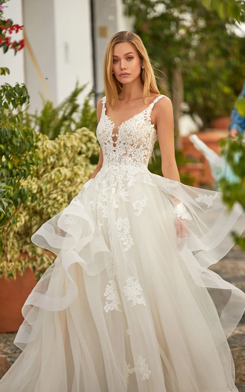 Vestido de novia vaporoso sin mangas de encaje, corte imperio, tul con volantes y falda en A
