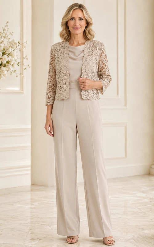 Champagnerfarbener Jumpsuit mit Bolerojacke aus Spitze am Rundhalsausschnitt und weit geschnittener Hose.