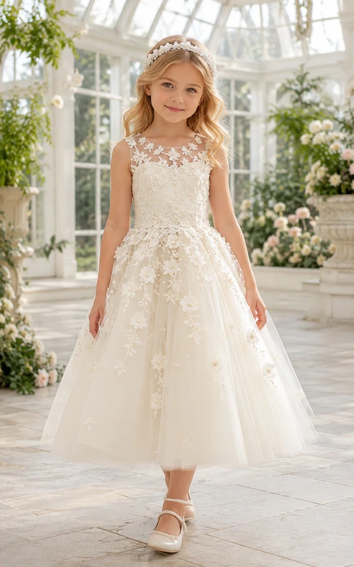 A-Line Couture Flower Girl Dress with Sleeveless Lace Bodice, Hand Appliques, Full Tulle Skirt, Beaded Waist, Couture Formal Style