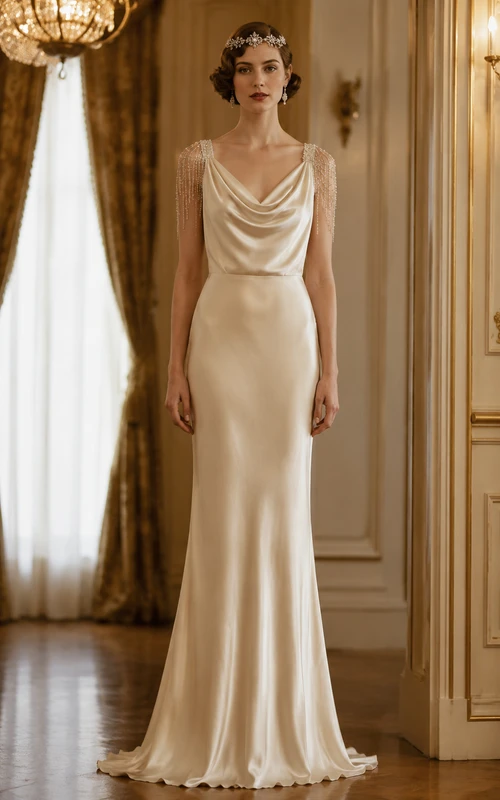 Champagne Satin Cowl Neck Sheath Vintage Wedding Dress