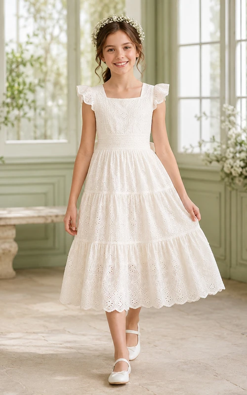 Vestido de comunión de niña de las flores, largo hasta la rodilla, con volantes y encaje escalonado.
