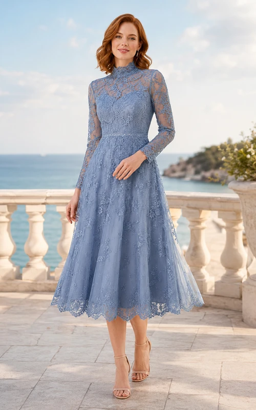 Robe de thé en dentelle bleu acier à col montant