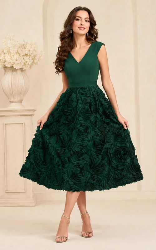 Dark Green Luxury Midi V Neck Straps Rosette Skirt Sweet Sixteen Formal Party Dress