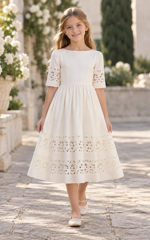 Modest Vintage Tea-length Ivory Bateau Cutwork Sleeve Cotton Flower Girl Dress