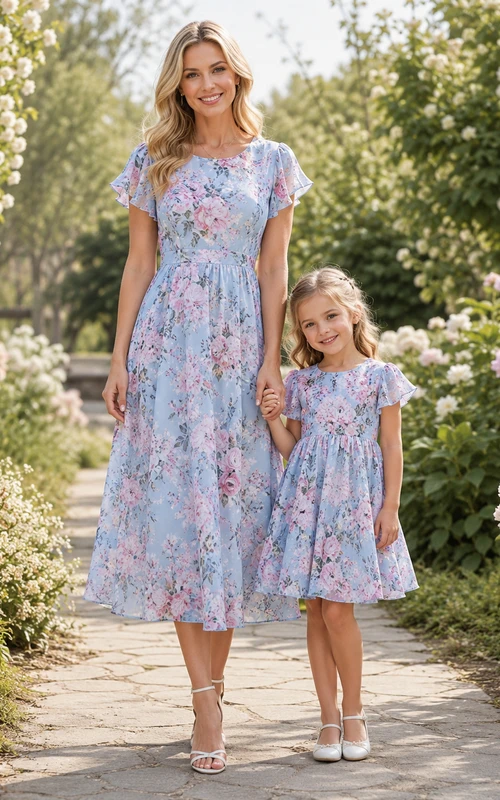 Vestido casual a juego para madre, de gasa, corte en A, largo midi, con estampado floral azul cielo de hortensias y mangas con pétalos.