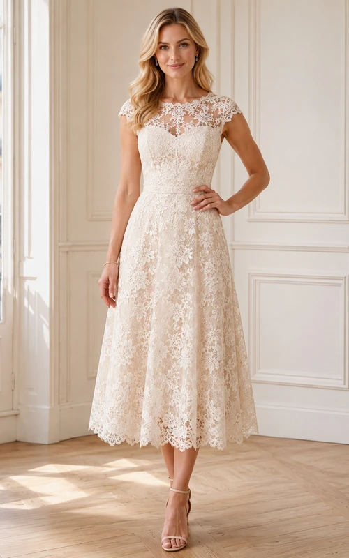 Vestido de novia vintage de encaje con escote corazón y mangas cortas, largo hasta la rodilla, estilo barco, para bodas al aire libre.