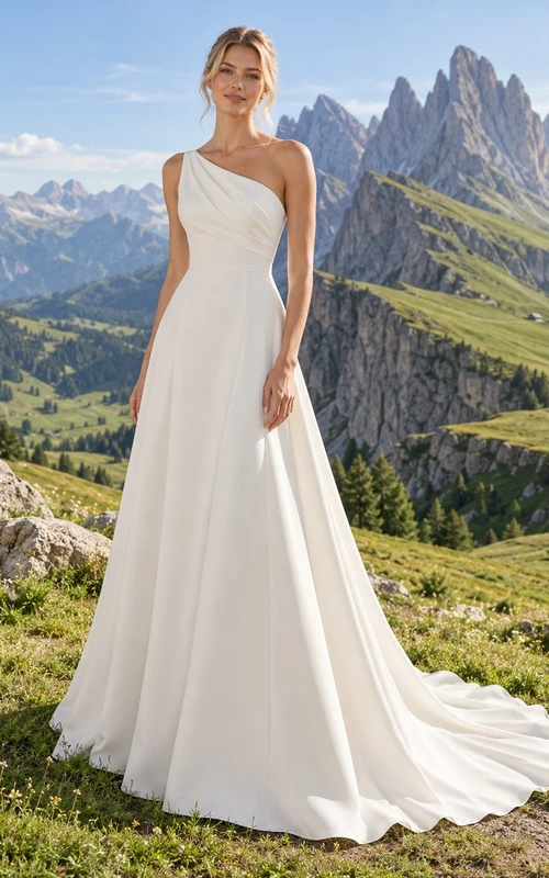 Vestido de novia sencillo de crepé, sin mangas, de corte A, con un solo hombro y cola.