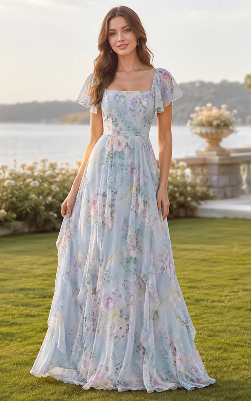 Sky Blue Floral Square Neck Cap Sleeve Chiffon Bridesmaid Dress
