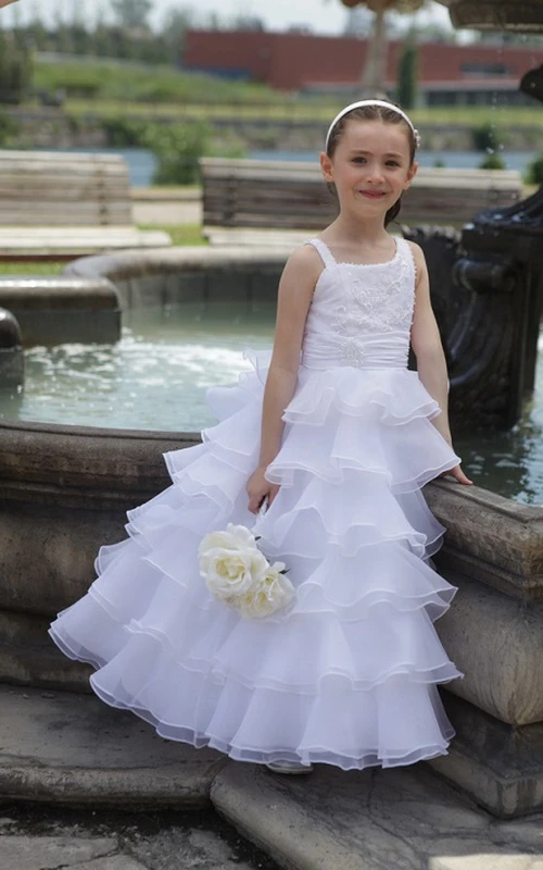 Langes A-Linien-Kleid mit asymmetrischen Trägern für Blumenmädchen und mehrlagigem Organzarock