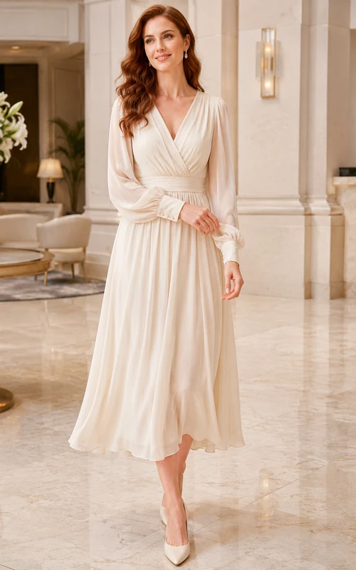 Robe de mariée mi-longue en mousseline plissée, col en V, manches bouffantes, corsage cache-cœur, taille naturelle, coupe trapèze, longueur thé