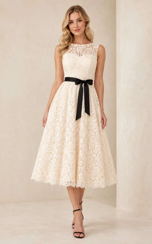 Ivory Lace Tea-Length Homecoming Dress with High Neck Cap Sleeves Black Ribbon Waistband and A-Line Skirt