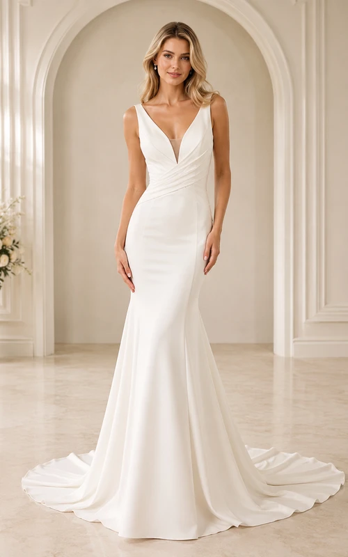 Stretch Satin Wedding Dress Mermaid Square Neck Sleeveless Sweep Train Bridal Gown