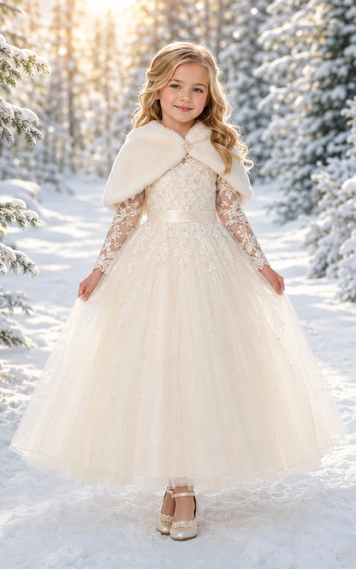 Modest A-Line Flower Girl Dress with High Neck Lace Long Sleeves Winter Cape Ceremony