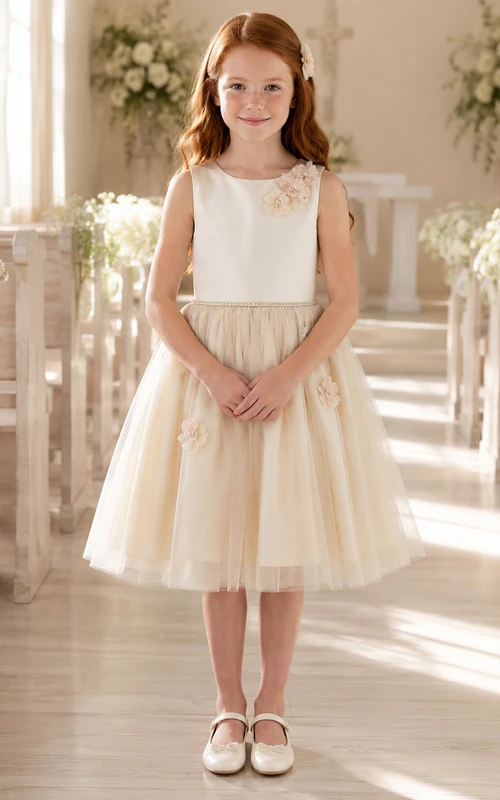 Vestido de niña de flores de tul y encaje con corte en A, mangas cortas, cuello redondo y falda a la altura de la rodilla.