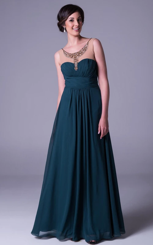A-Linien-Abendkleid aus Chiffon mit Rundhalsausschnitt, langen Raffungen und Perlenstickerei, ärmellos
