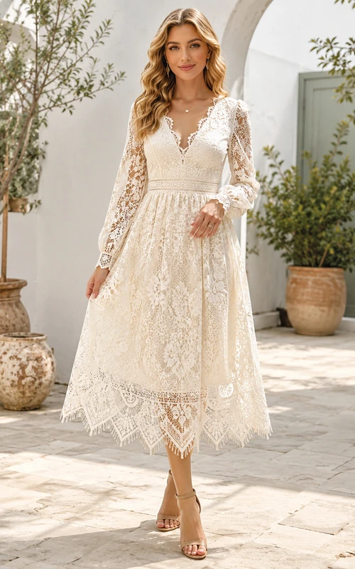 Vestido de novia bohemio vintage de corte A, largo hasta la rodilla, escote en V, manga larga y encaje, ideal para renovación de votos.
