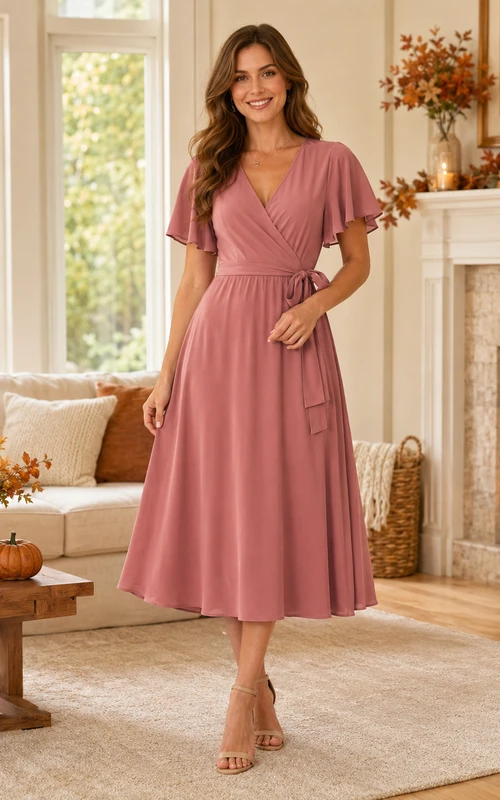 Dusty Rose Flutter Sleeve Wrap Midi Family Party Dress