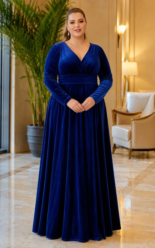 Vestido largo de talla grande con escote en V y mangas largas de terciopelo azul marino
