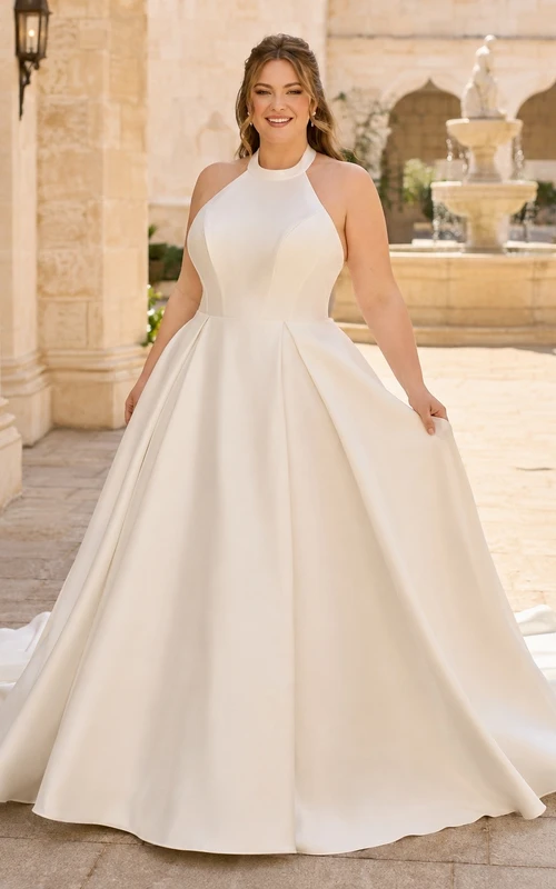 Vestido de novia formal sencillo con escote halter y corte en A, talla grande.