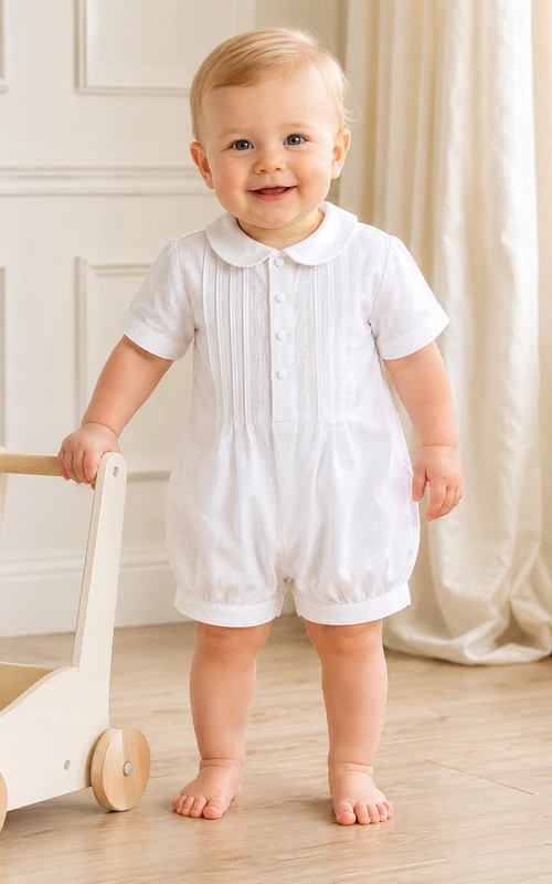 Weißer, kurzärmeliger Leinen-Baby-Strampler mit Biesen, LDS-Stil, Baby-Segens-Höschen, Baby-Segnung