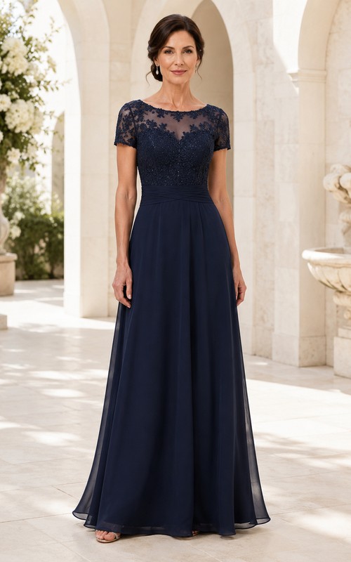 Mother of the Bride Dark Navy Chiffon Lace A-Line Short Sleeve Jewel Neck Floor-Length Dress with Lace Detail