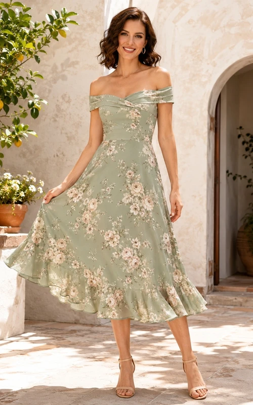 Off-the-shoulder Petal Sleeve Floral Chiffon A-Line Tea-length Bohemian Garden Dress