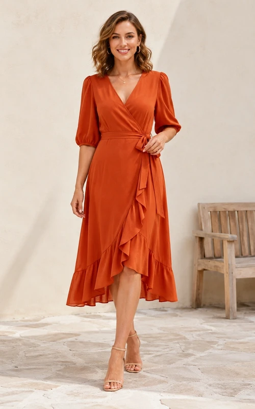 Robe décontractée en mousseline orange brûlé, coupe trapèze, longueur genou, col en V, manches courtes