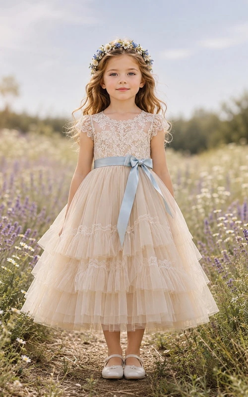 Stufenkleid aus Tüll mit blauer Schärpe für Blumenmädchen